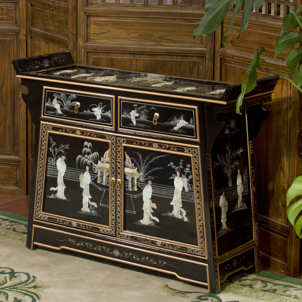 Black Lacquer Mother of Pearl Motif Oriental Altar Style Cabinet   Asian   Accent Chests And Cabinets   by China Furniture and Arts  Houzz