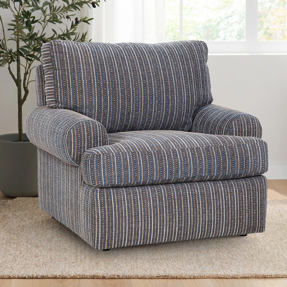 American Furniture Classics Model Nostalgia Series Rounded Arm Upholstered Chair in Blue Striped Fabric