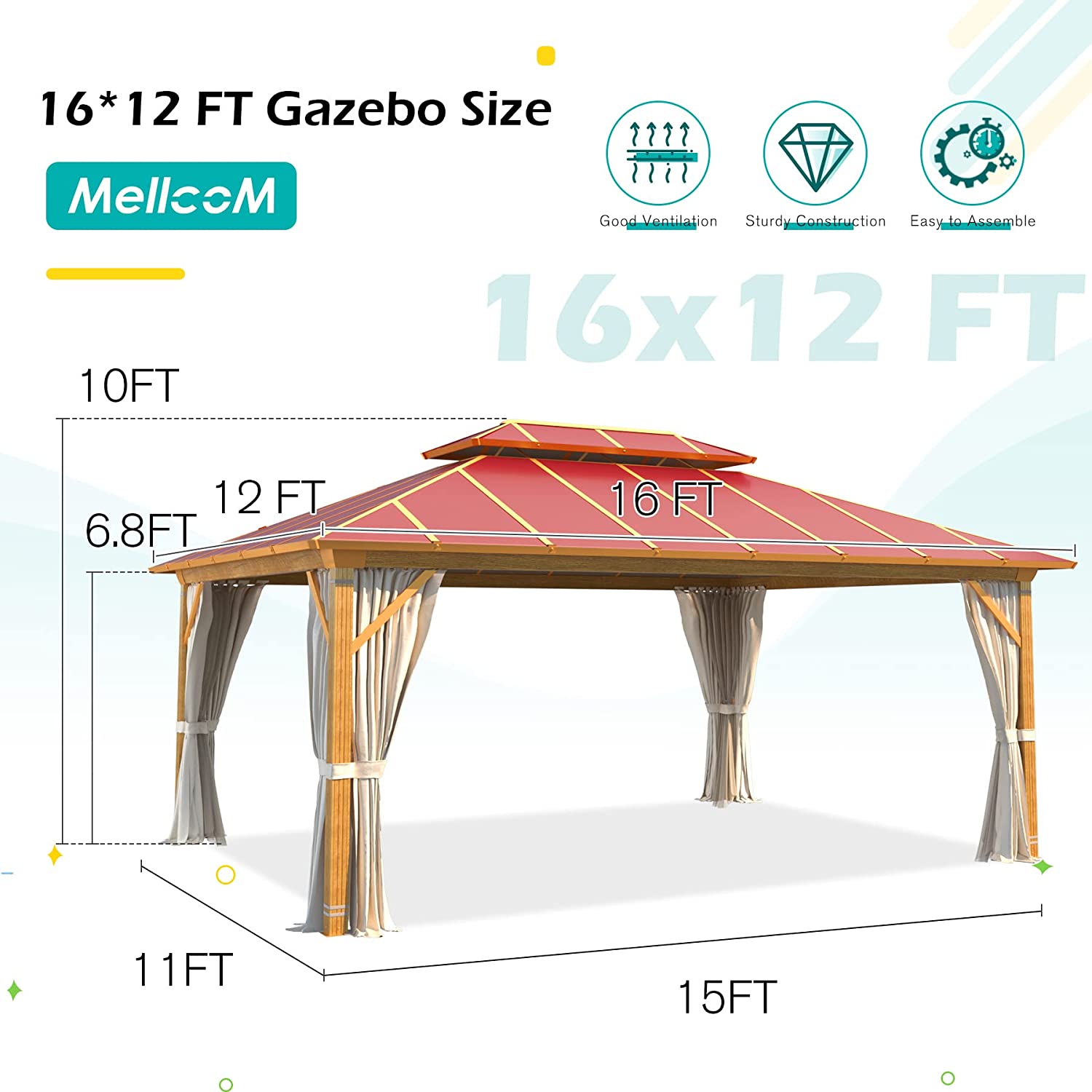 Mellcom 12' x 16' Aluminum Frame Outdoor Gazebo, Double Roof  Metal Gazebo for Patios, Gardens, Lawns, Parties, Claret