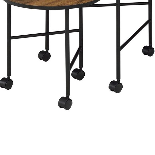 2 Piece Round Nesting End Table with Casters， Oak Brown and Black - 20 H x 23 W x 23 L Inches