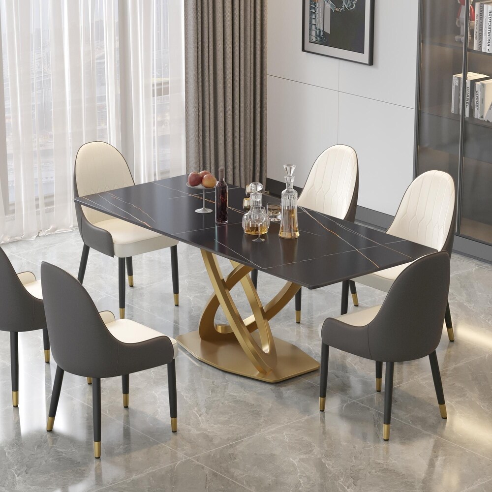 Modern Sintered Stone Dining Table Minimalist Artificial Marble Rectangular Table Top + Gold X cross Shaped Base