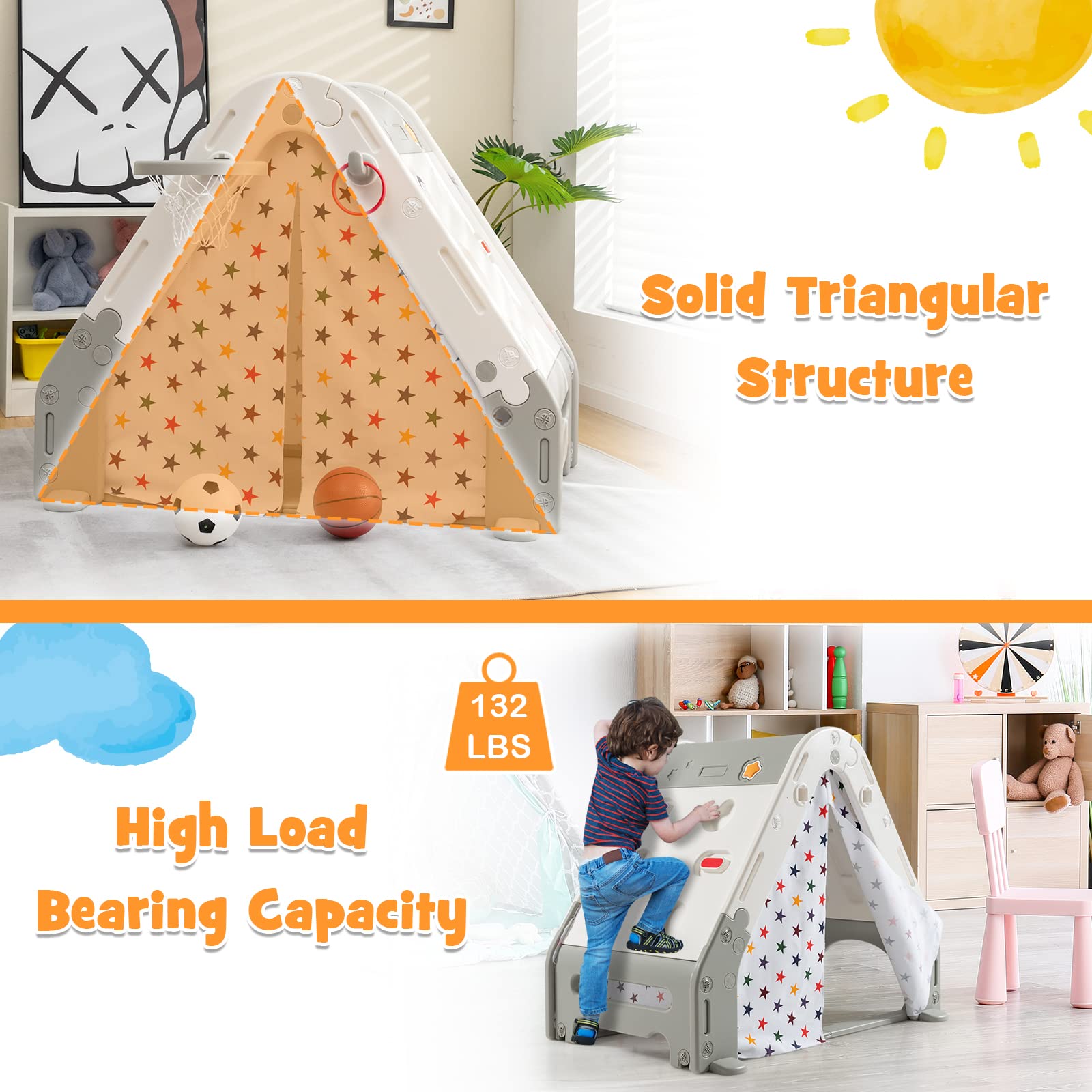 Costzon Climbing Toys for Toddlers, Triangle Climber for Kids with Play Tent