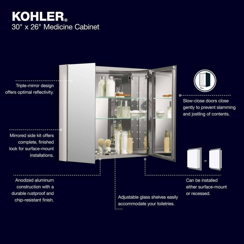 KOHLER CLC 30 in x 26 in RecessedSurface Mount Soft Close Medicine Cabinet with Mirrored Door