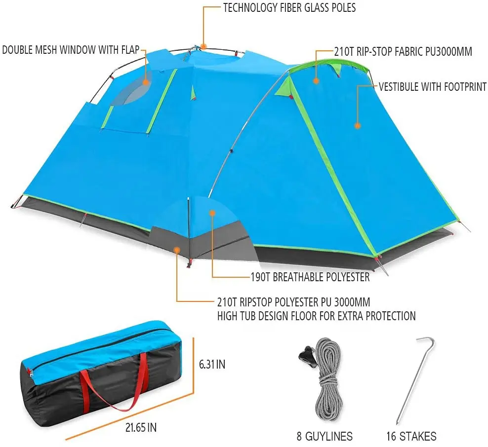 Family Outdoor Portable Windproof Uv Protection Tent 3 4 Person Fiberglass Pole Ultralight Camping Tent