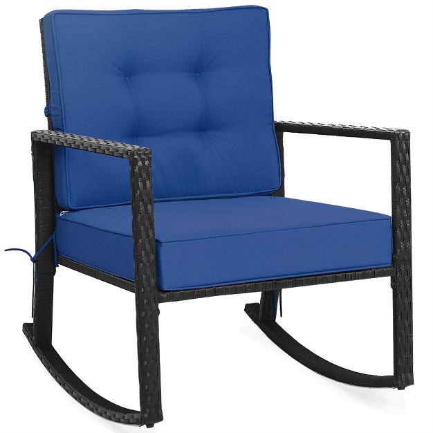 Costway Patio Rattan Rocker Chair Outdoor Glider Rocking Chair Cushion Lawn Navy black grey