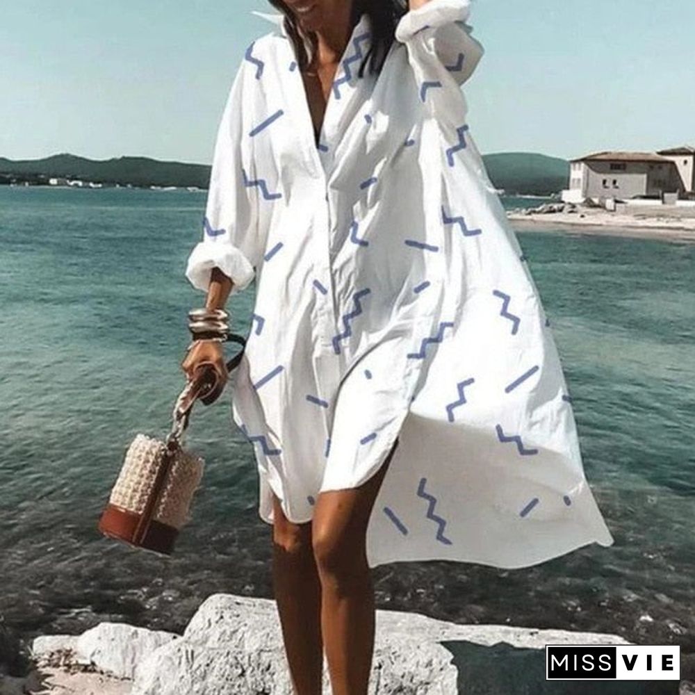 New Fall Summer Women V Neck Button Print Dress Casual Elegant Long Sleeves Irregular Shirt Dress Loose Sexy Beach Party Dresses