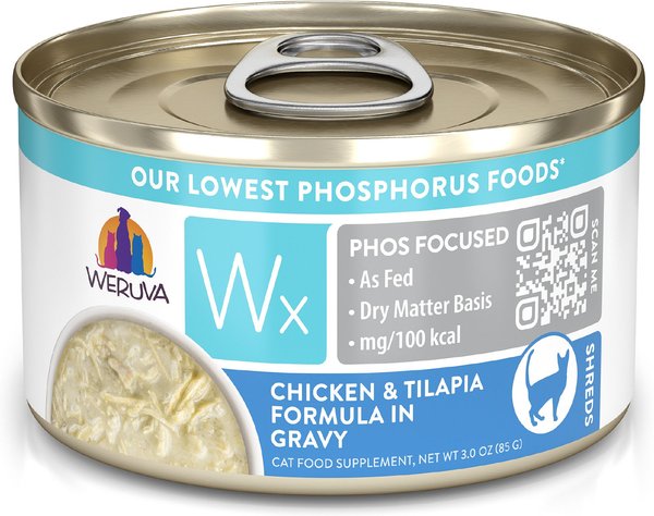 Weruva Wx Phos Focused Chicken and Tilapia Formula in Gravy Grain-Free Wet Cat Food， 3-oz can， case of 12