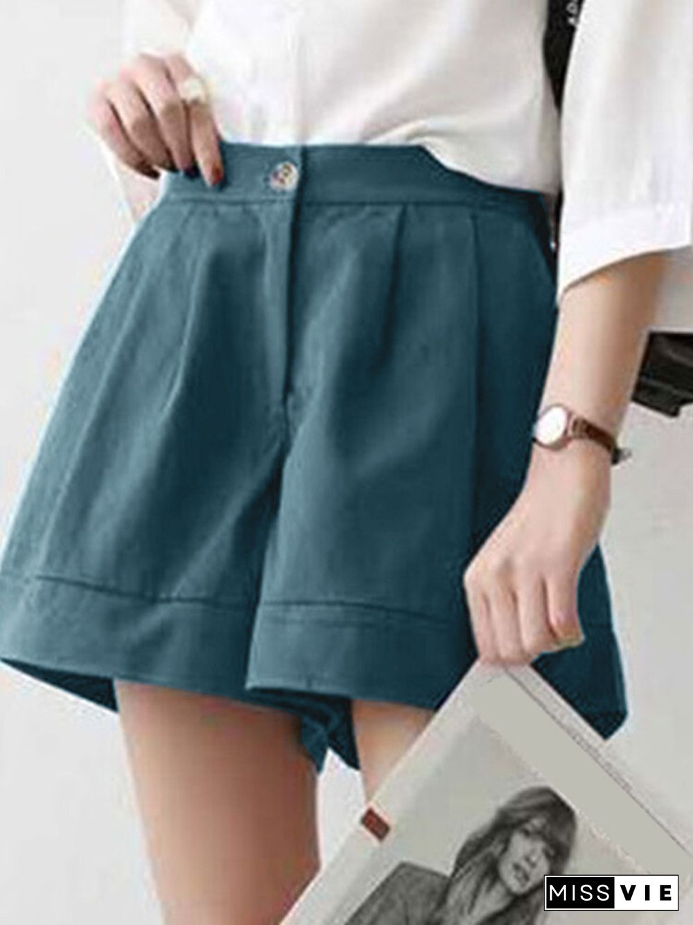 Solid Loose Button Elastic Waist Wide Leg Casual Shorts