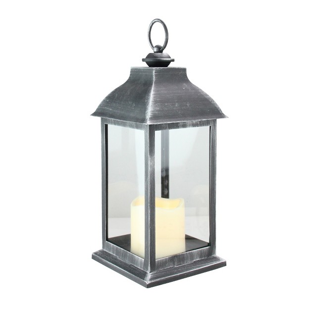 Silver Brushed Black Candle Lantern With Flameless Led Candle