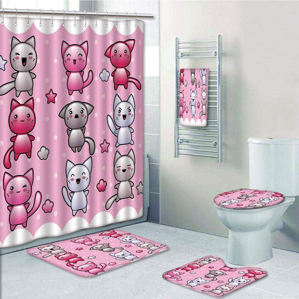 PRTAU Anime For Kids Cute Kitty Doodles with Emotions Funny Animal Japanese 5 Piece Bathroom Set Shower Curtain Bath Towel Bath Rug Contour Mat and Toilet Lid Cover