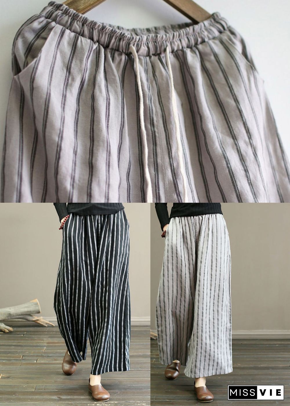 Unique Light Grey Elastic Waist Oversized Striped Linen Pants Trousers Summer