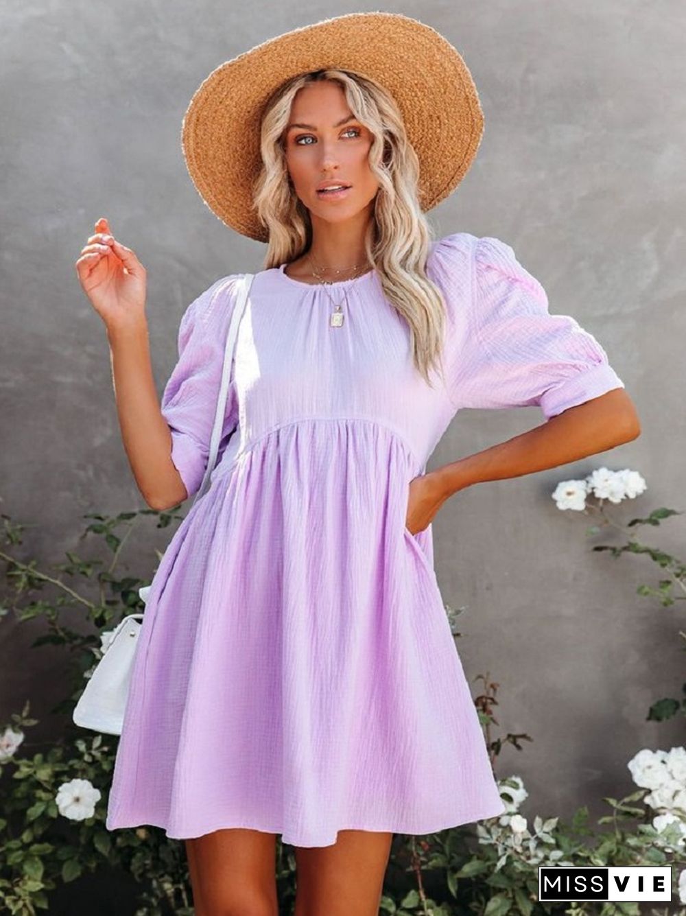 Fashion Solid Color Short Sleeve Dress