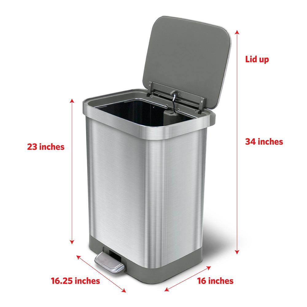 Glad 13 Gal. ALL Stainless Steel Step-On Large Metal Kitchen Trash Can wClorox Odor Protection and Soft-Closing Lid GLD-74525