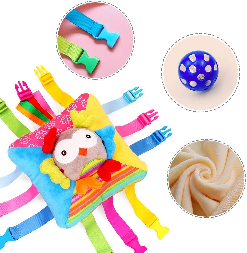 Sensory Pillow Toys for Toddlers， Activity Learning Fine Motor Skill Travel Toy with Buckle for Baby Kid Children Built-in Bell Plush Counting Numbers Buckles (Owl-Crinkle Paper)