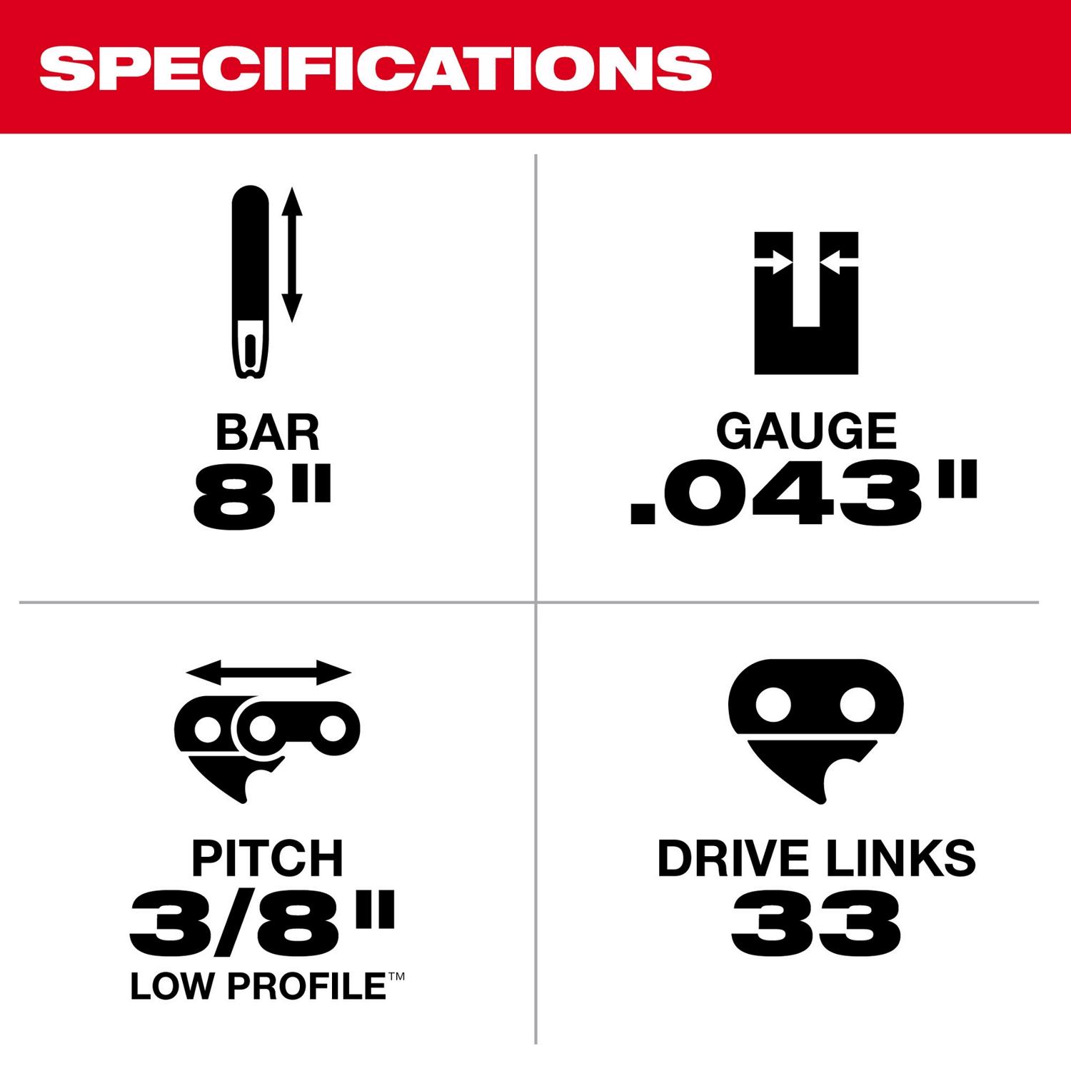 MW M18 49-16-2751 8 in. 33 links Chainsaw Bar