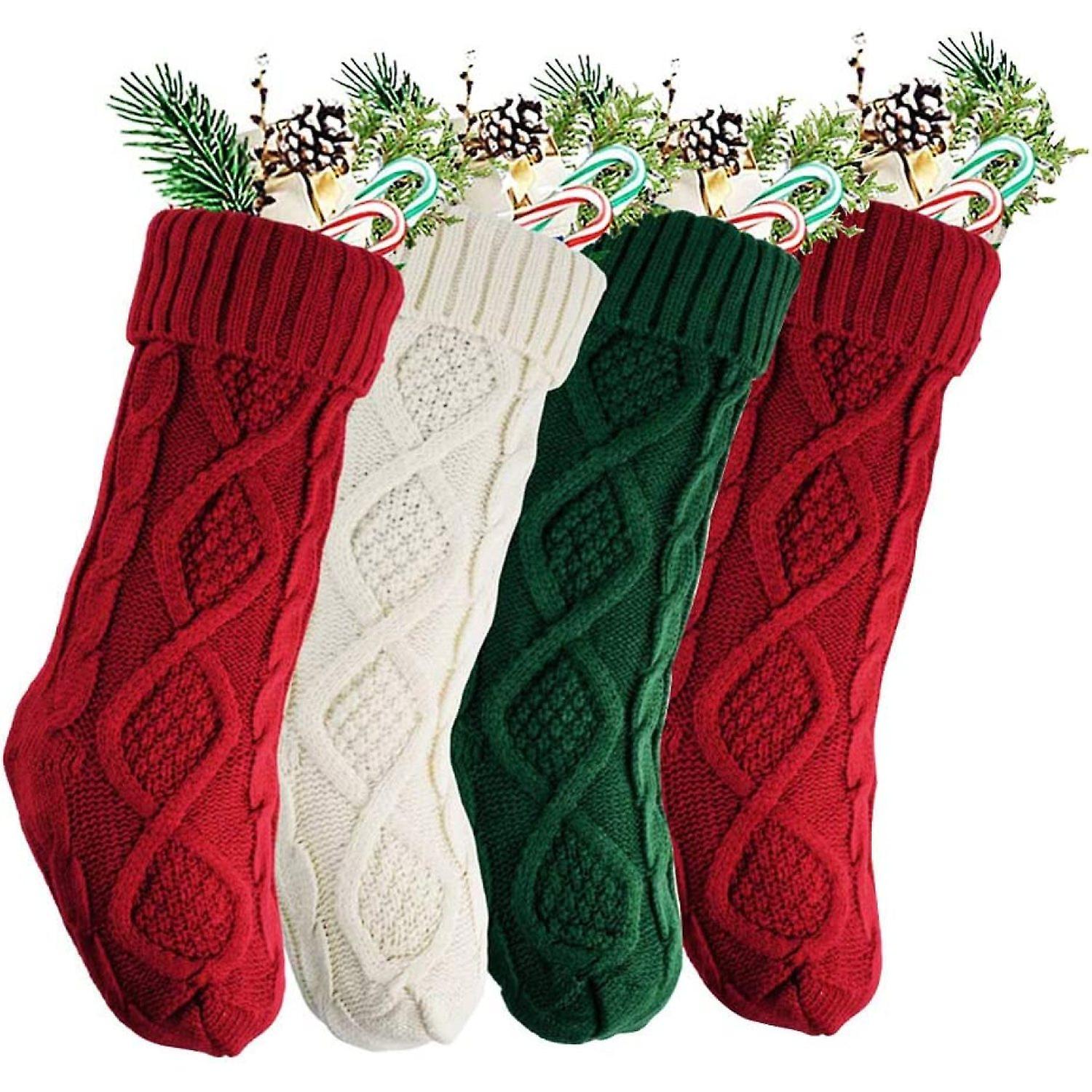 Home Knitted Christmas Stockings Large 18 Inch Xmas Double-sided Rhombus Grid Cable Stocking Fireplace Christmas Tree Decor Standard Hanging Stockings