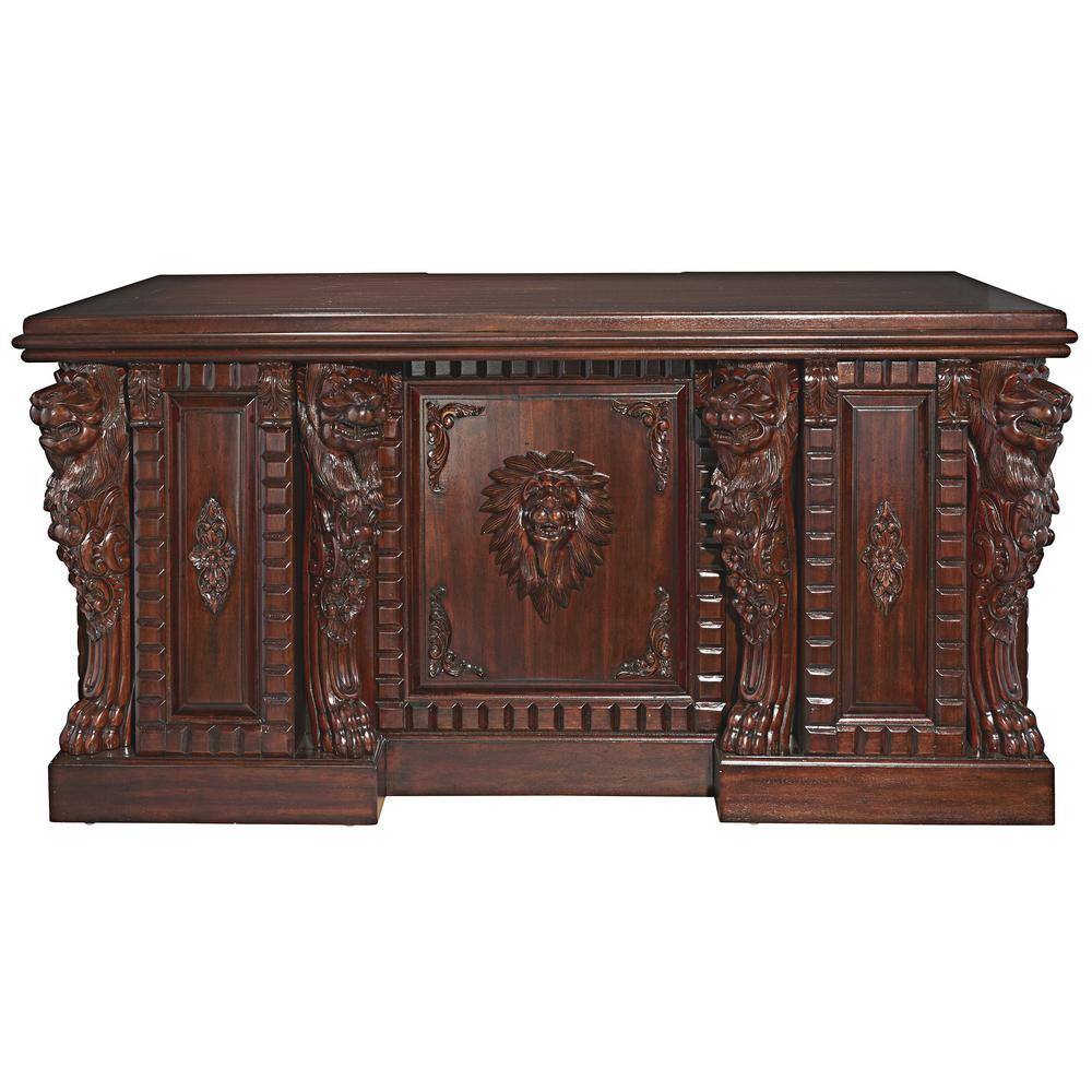 Design Toscano Lord Raffles Lion 63 in. Rectangular Mahogany Brown 5-Drawer Executive Desk AF57224