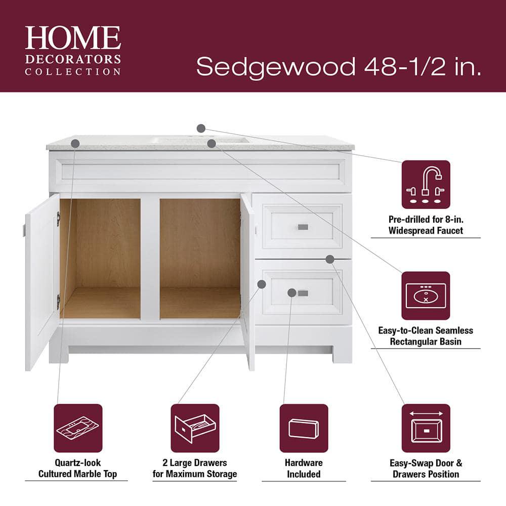 Home Decorators Collection Sedgewood 485 in W x 188 in D x 344 in H Freestanding Bath Vanity in White with Arctic Solid Surface Top