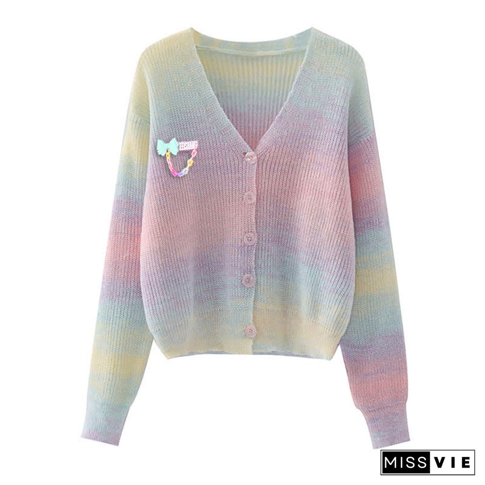 Rainbow Bowknot Decor Knitted Cami Top Cardigan Sweater