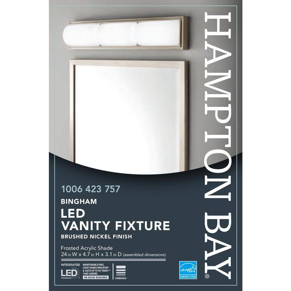 Hampton Bay Bingham 24.02 in. 1-Light Brushed Nickel Integrated LED Bathroom Vanity Light Bar with Frosted Acrylic Shade KQS1303LX-02