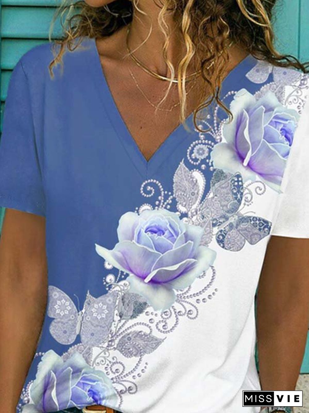 Casual V neck Floral Short Sleeve T-Shirt