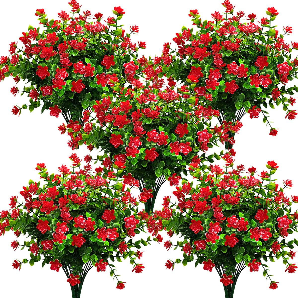 6 Bundles Artificial Flowers Outdoors, UV Resistant Plastic Flower Plants for Indoors, Faux Flowers in Bulk Silk Fake Flowers for Home Wedding Garden Porch Window Box Decoration (Red-Eucalyptus)