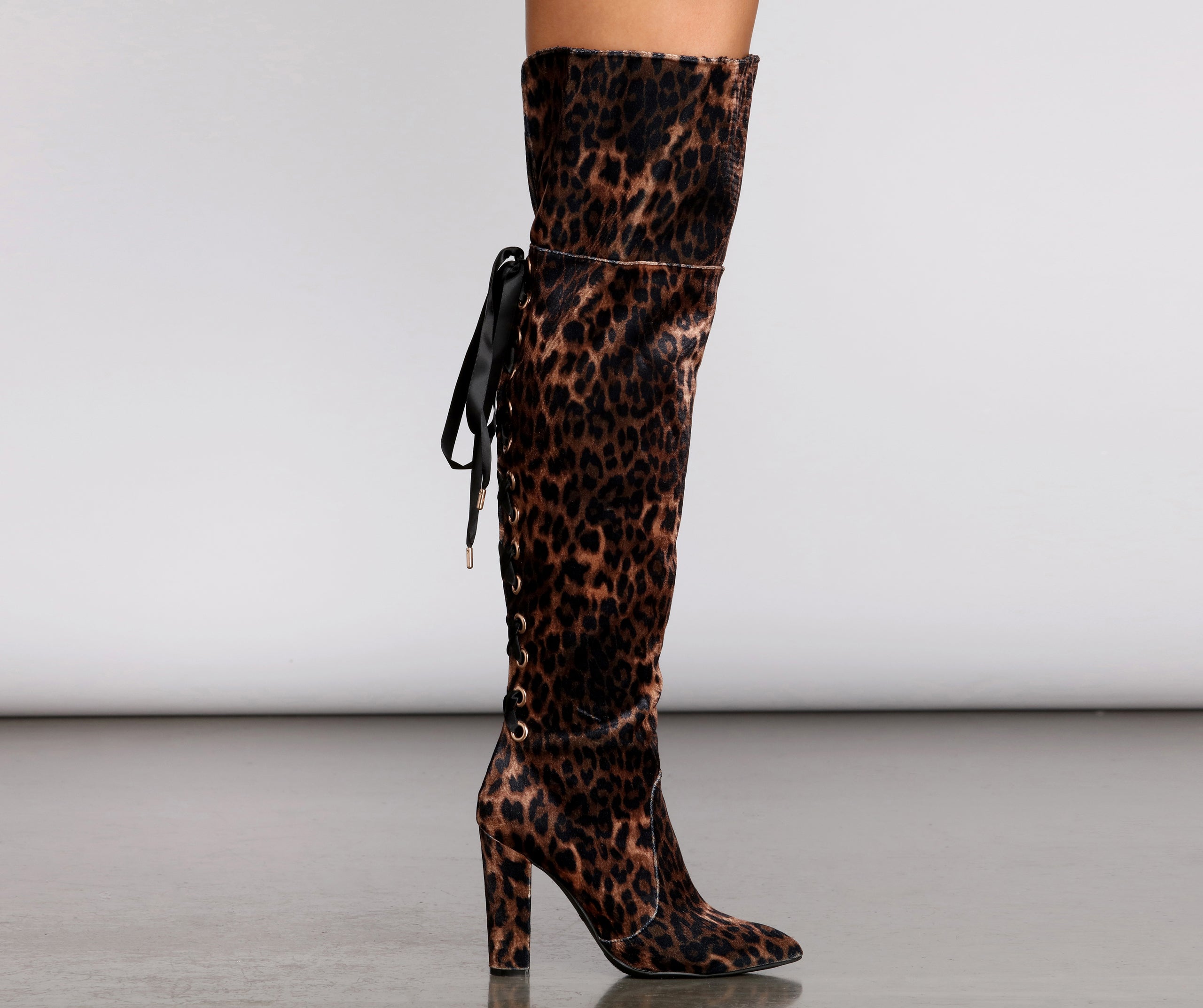 Leopard Print Thigh High Velvet Boots