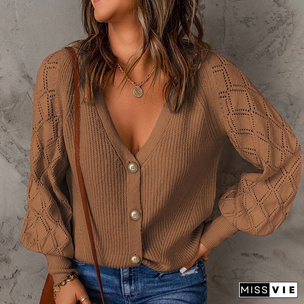 Fashion Long Sleeve V-Neck Sweater Cardigan Women Fall Casual Single Breasted Hollow Jacket Lady Solid Loose Commuter Knit Coat