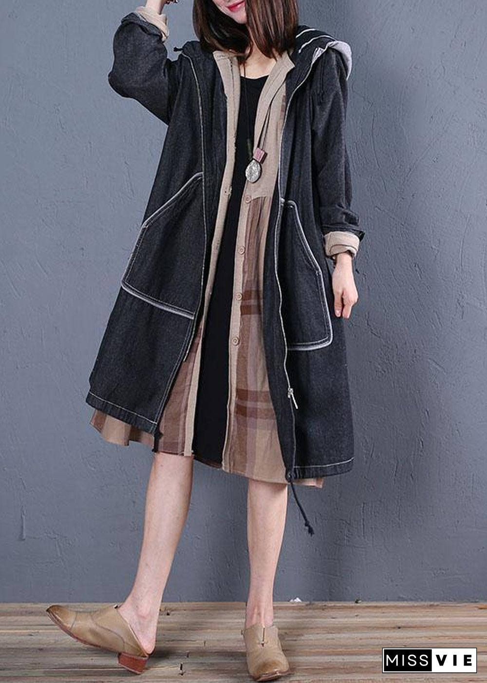 Fashion plus size trench coat fall black hooded overcoat