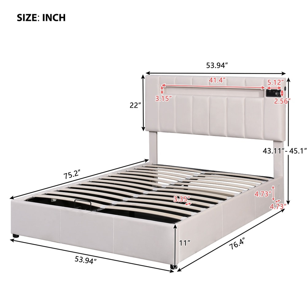 Upholstered Hydraulic Storage Platform Bed with LED Light  Bluetooth Player   USB Charging