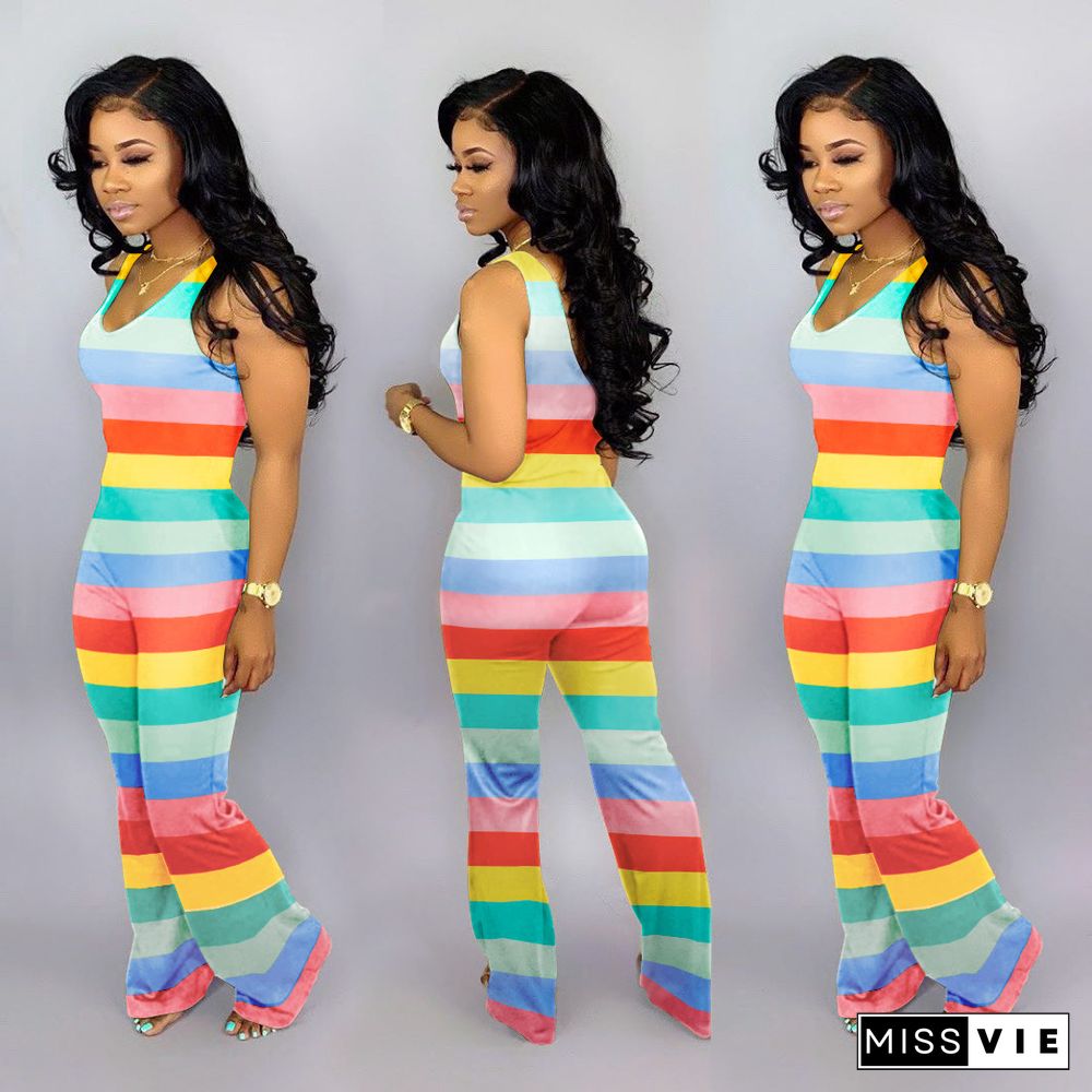 Colorful Stripe Sleeveless Long Jumpsuit