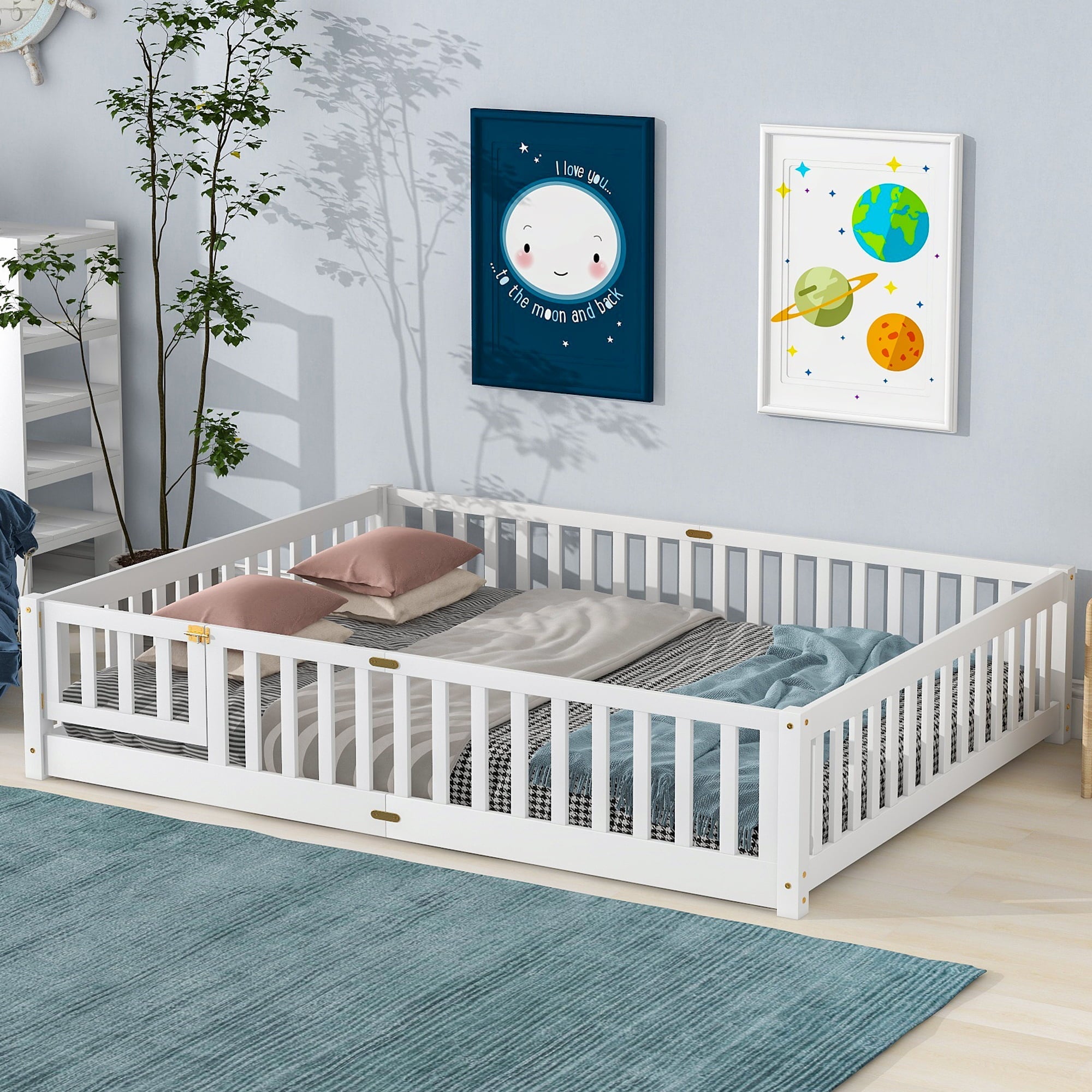 uhomepro Queen Size Wood Floor Bed Frame with Fence and Door for Kids, Toddlers, White