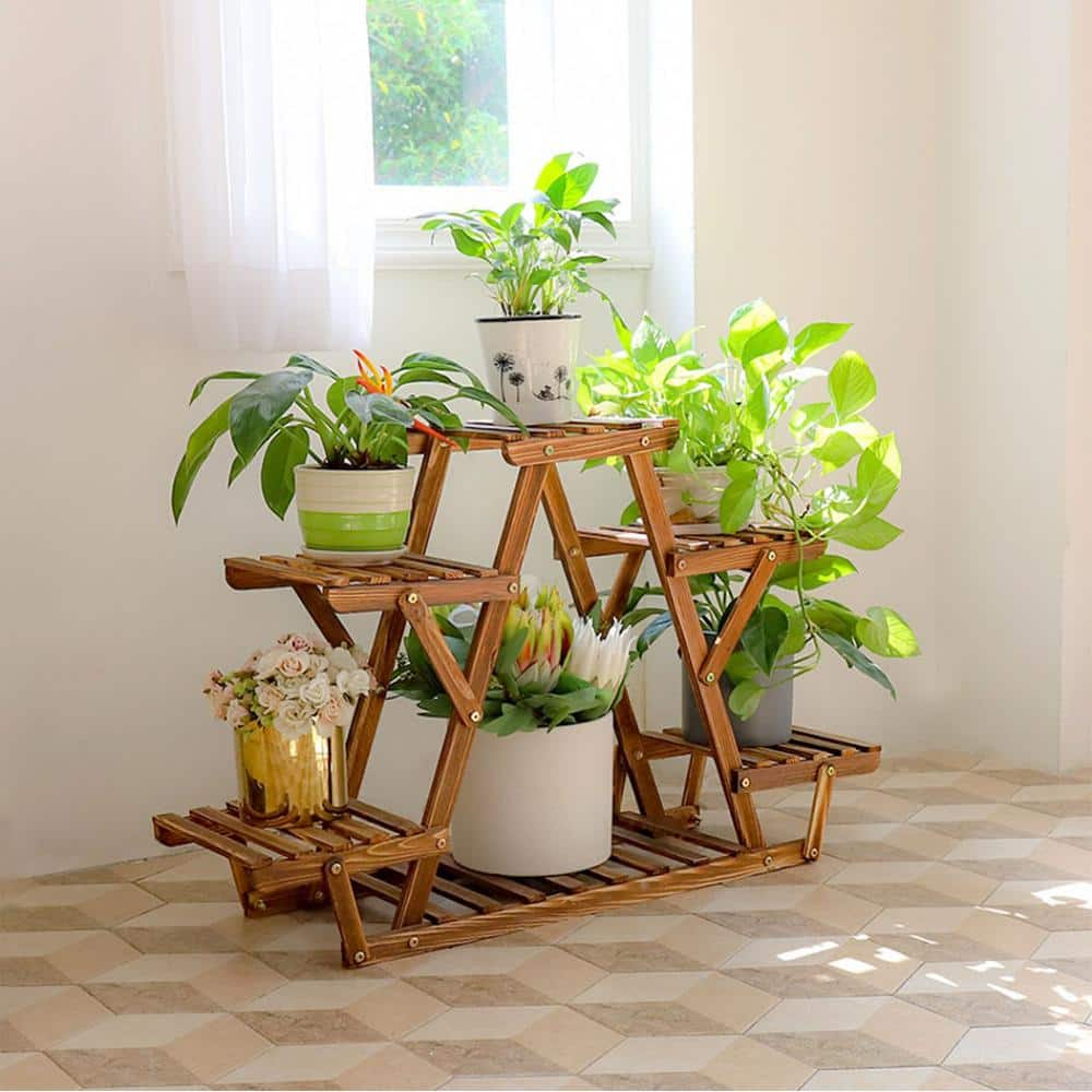 AESOME 4-Tier Triangular Plant Stand 23 in. Wood Shelf Rack 6 Potted Flower Display Shelves Holder for Pot 8 in. HJ147