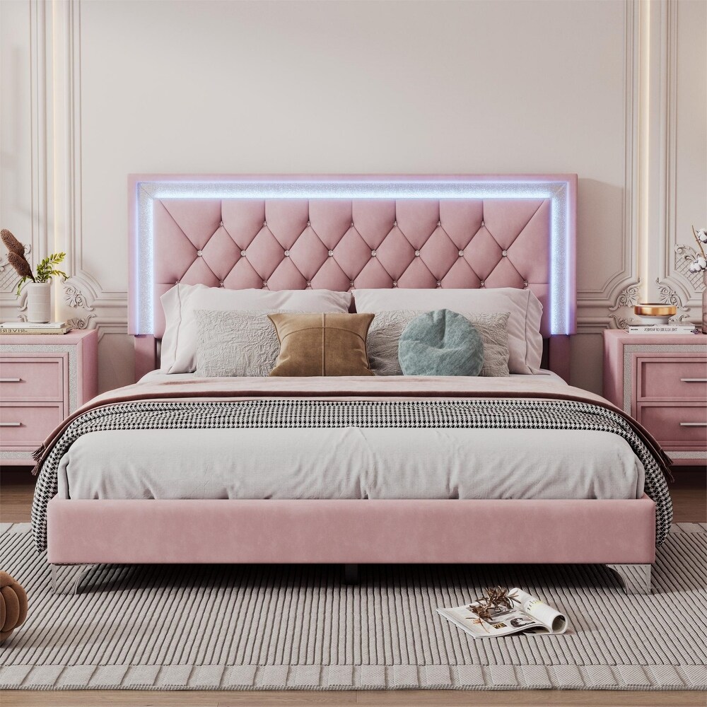 Modern Velvet Queen Size Upholstered Platform Bed Frame with LED Lights and Crystal Tufted Headboard