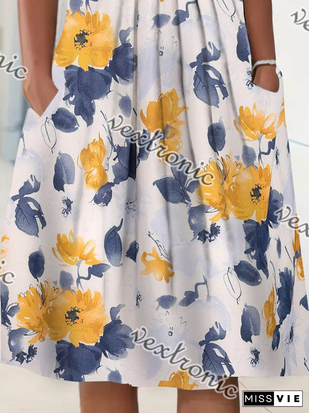 Women's Short Sleeve Scoop Neck Floral Printed Graphic Midi Dress