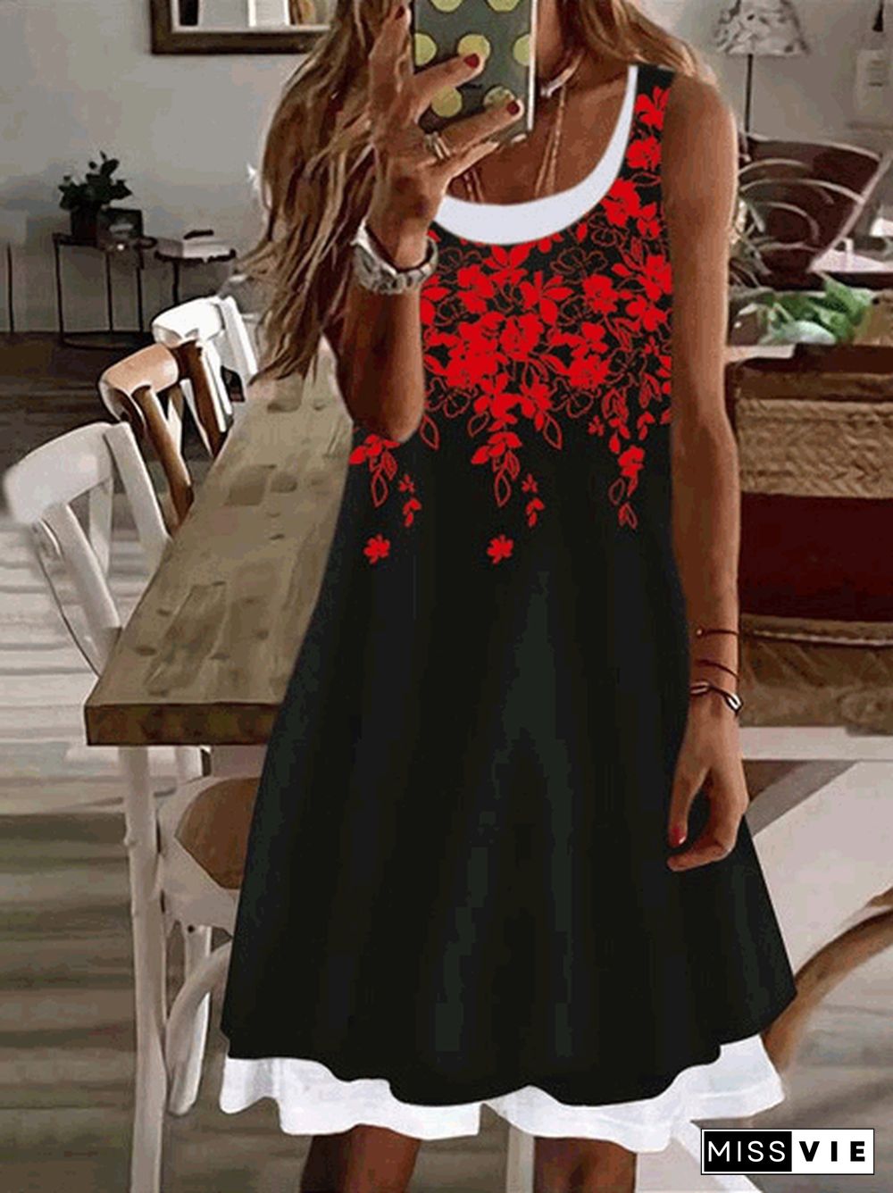 Women'S Dresses Floral Print Crew Neck Sleeveless Dress