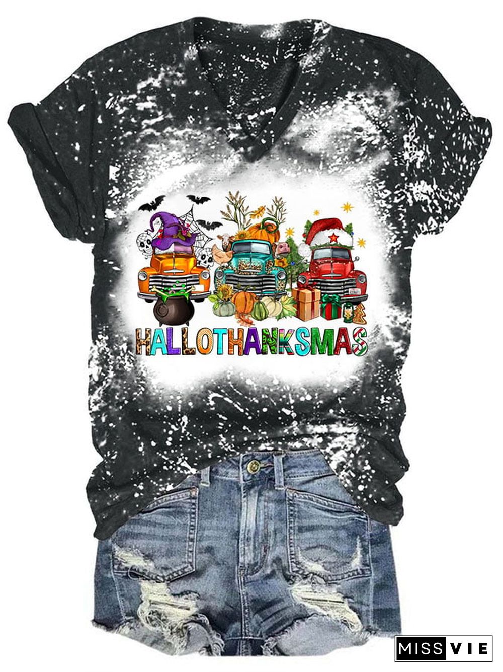 Women's Hallothanksmas Trucks Print V-Neck T-Shirt