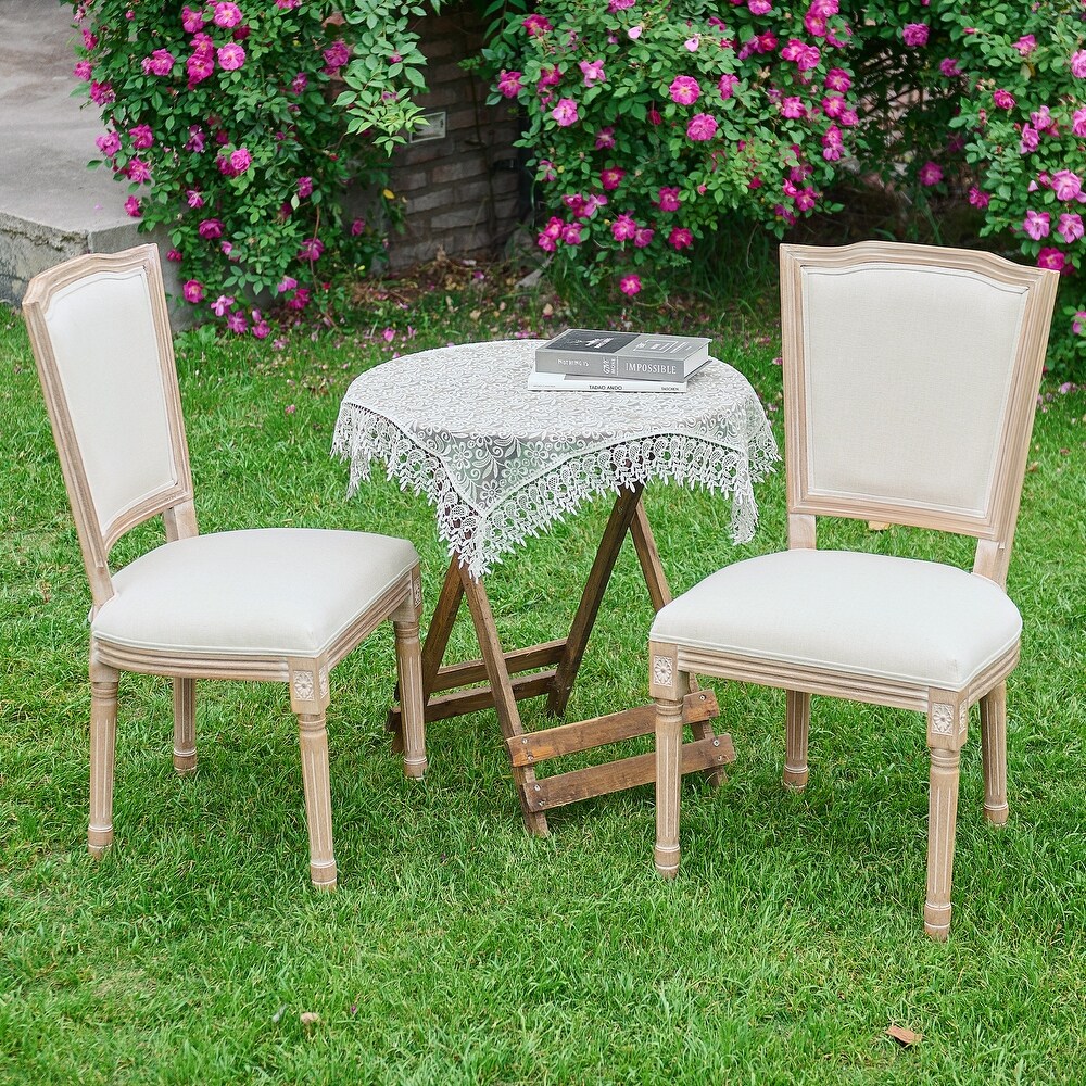 Set of 2 French Side Chairs with Carved Wood Legs   Linen Upholstery