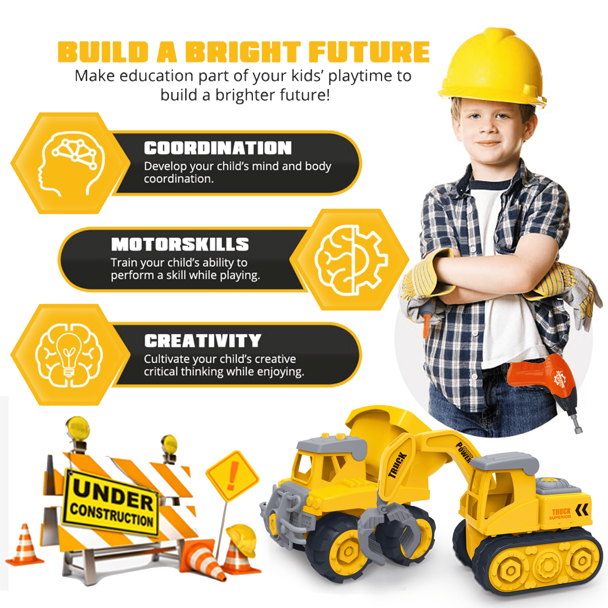 Take Apart Truck Toys for Boys and Girls， Set of 3 Construction Vehicles for Kids， Build a Dump Truck， Excavator and Crane， Take a Part Truck Toy with Drill and Tools for Toddlers 2-5 Years Old