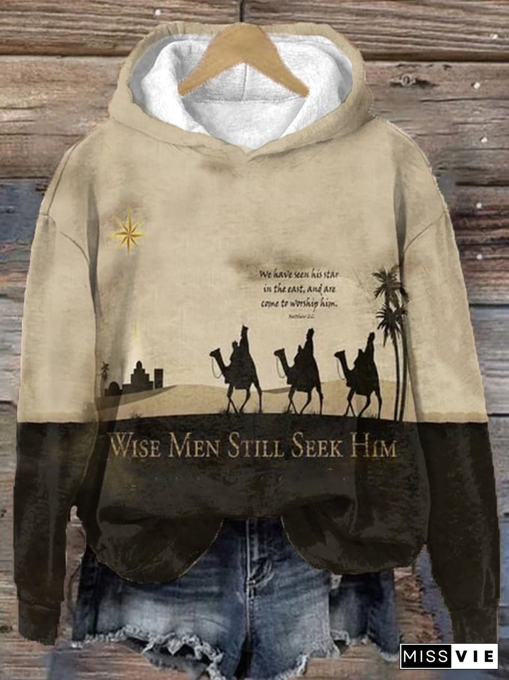 Women's Christmas Faith Wise Men Still Seek Him Christian Holy Night Printed Hooded Sweatshirt