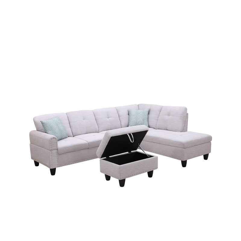 Alexent Right Hand Facing Linen Fabric Sectional Sofa with Ottoman in Ash