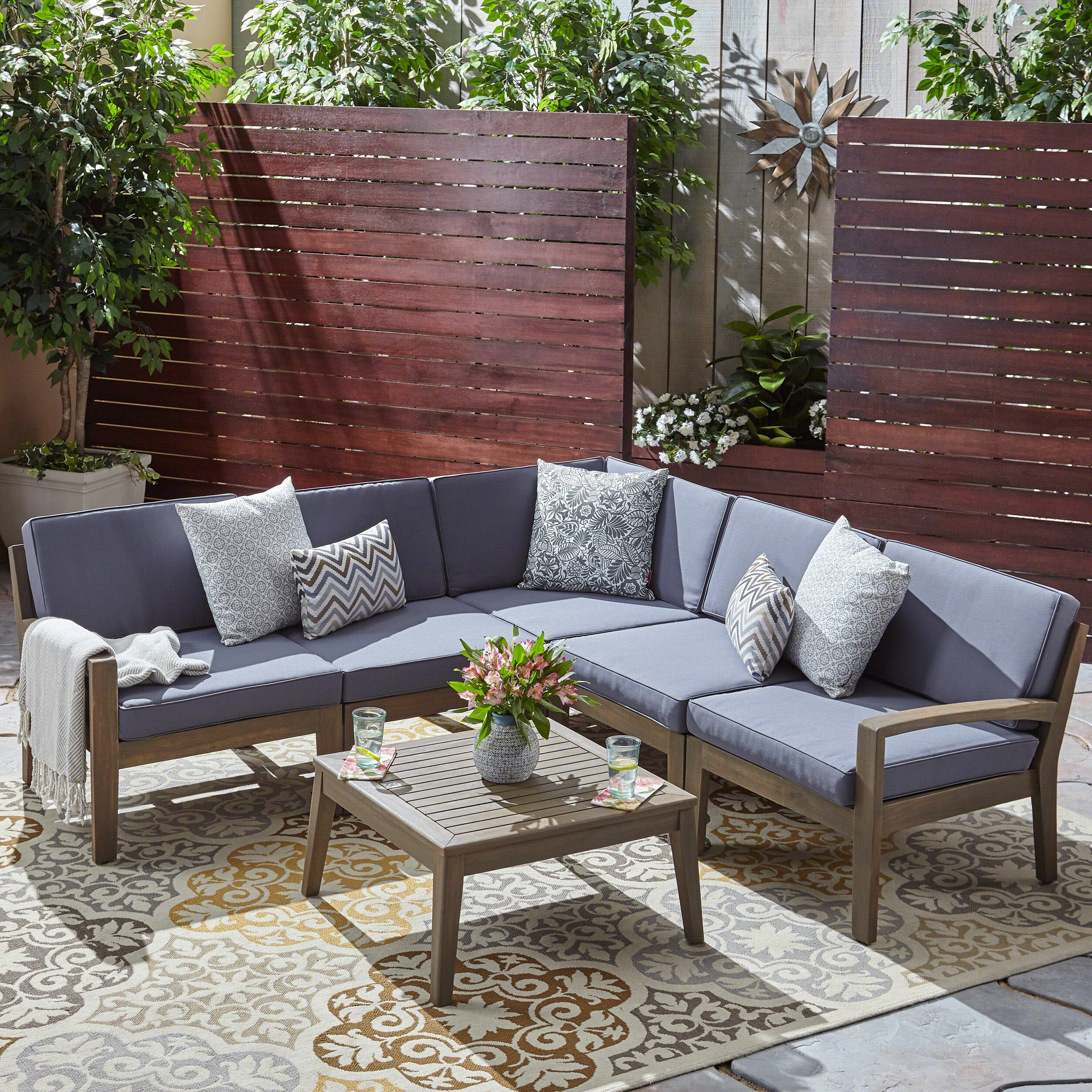 Ray Outdoor Acacia Wood 5 Seater Sectional Sofa Set with Coffee Table