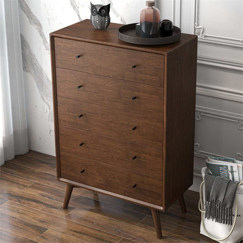 Francesca Modern Bedroom 5 drawers Tall Dressers in Solid Wood Walnut Brown