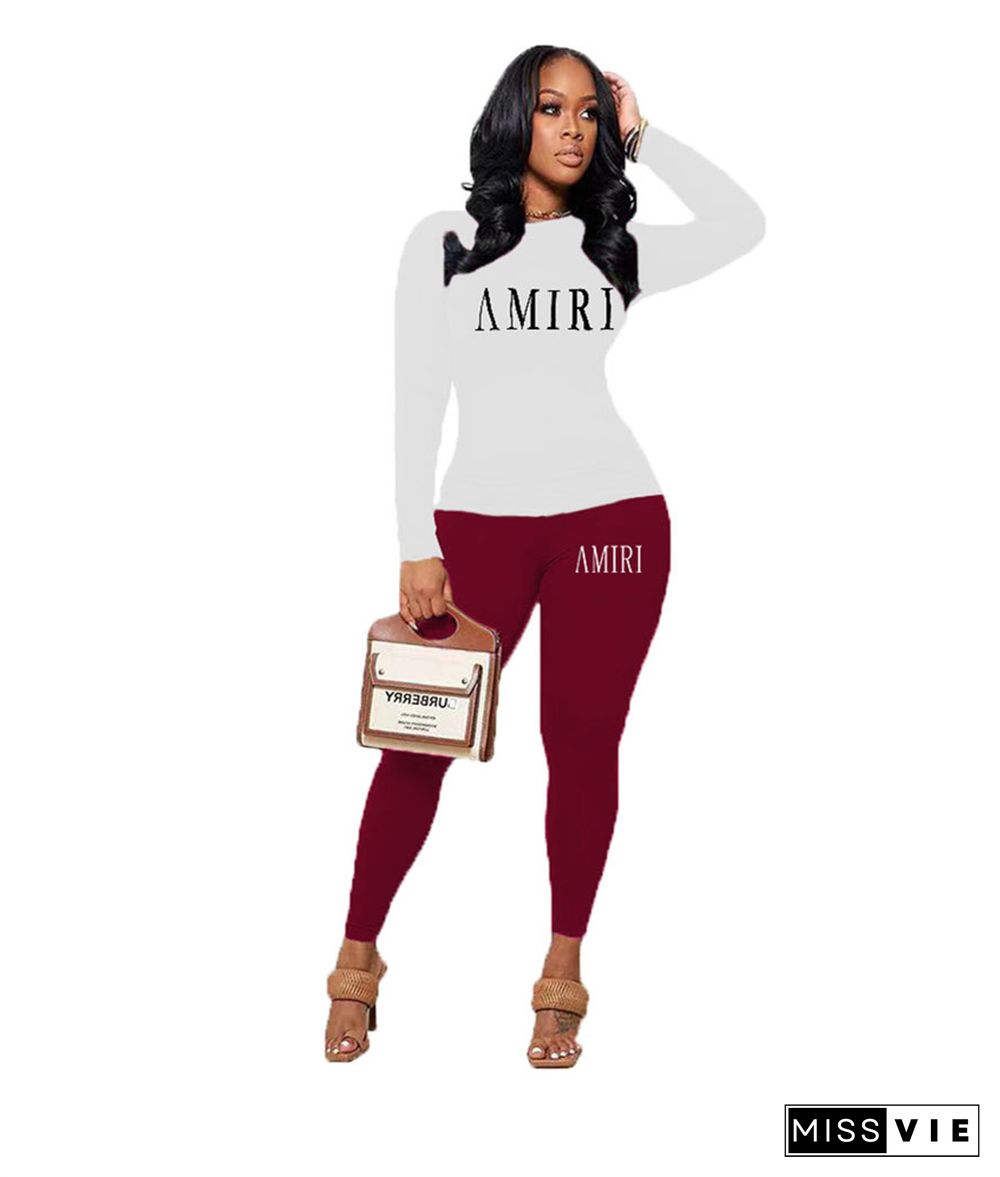 Casual Letter Print T Shirts Skinny Pants 2 Piece Sets