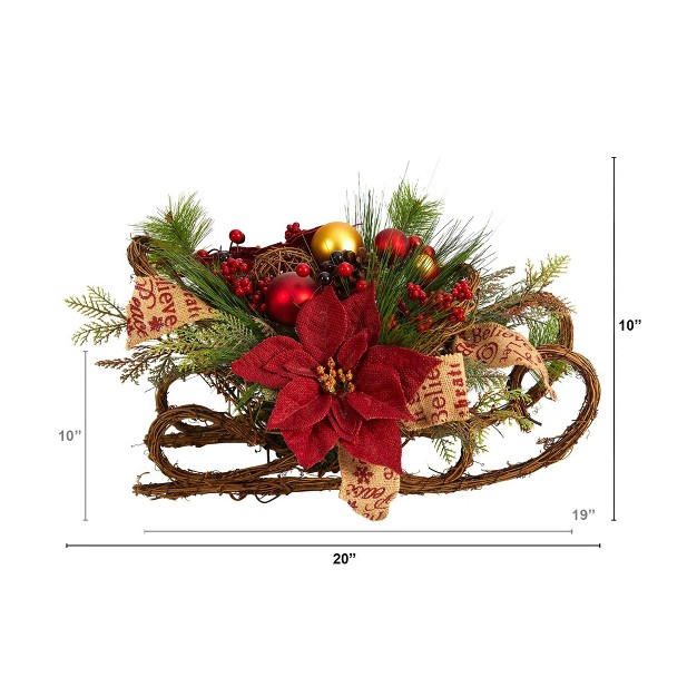 Nearly Natural 18-in Christmas Sleigh With Poinsettia， Berries And Pinecone Artificial Arrangement With Ornaments