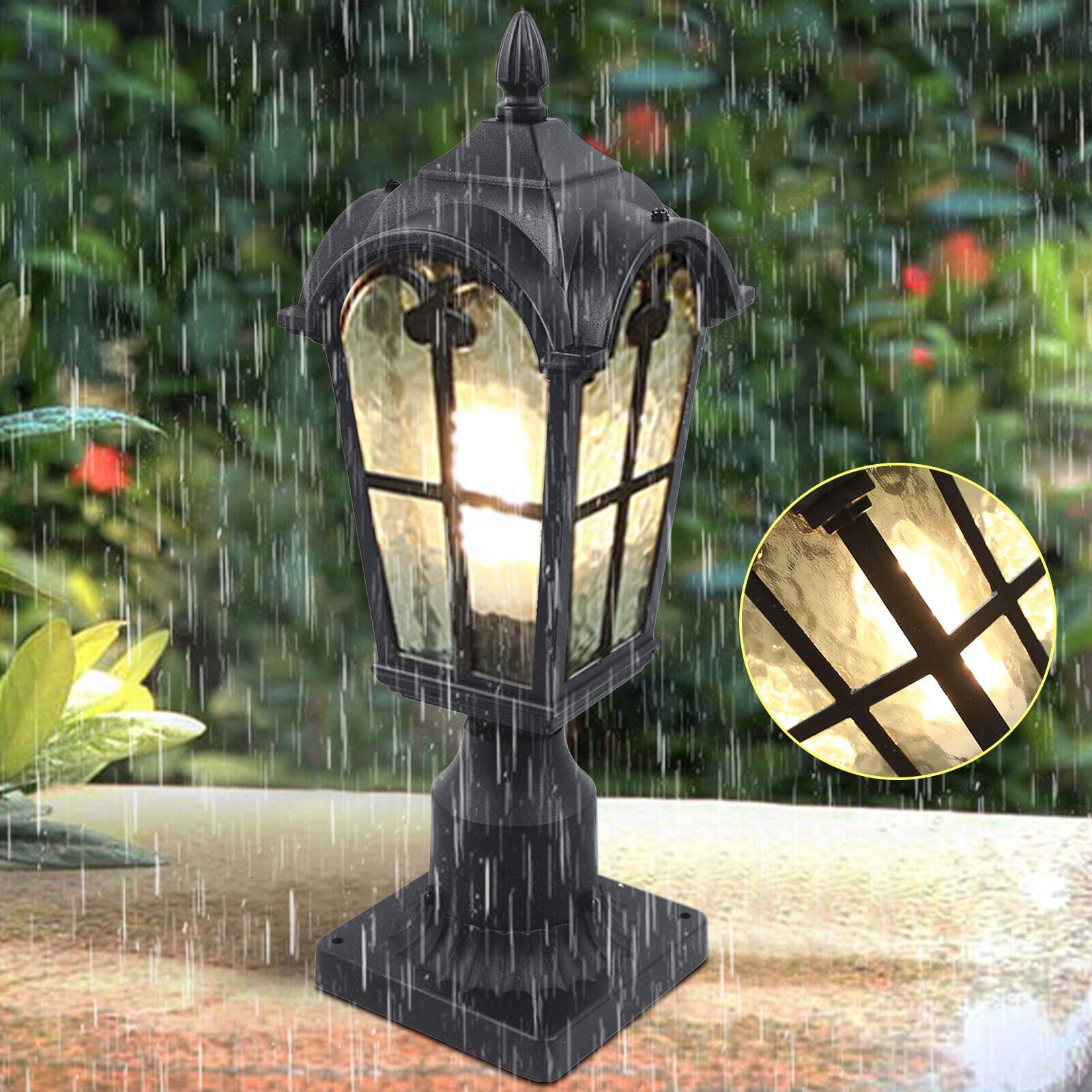 ZhdnBhnos Vintage Post Pole Pillared Light Outdoor Garden Driveway Patio Yard Lantern Lamp Fixture with Pier Waterproof Black