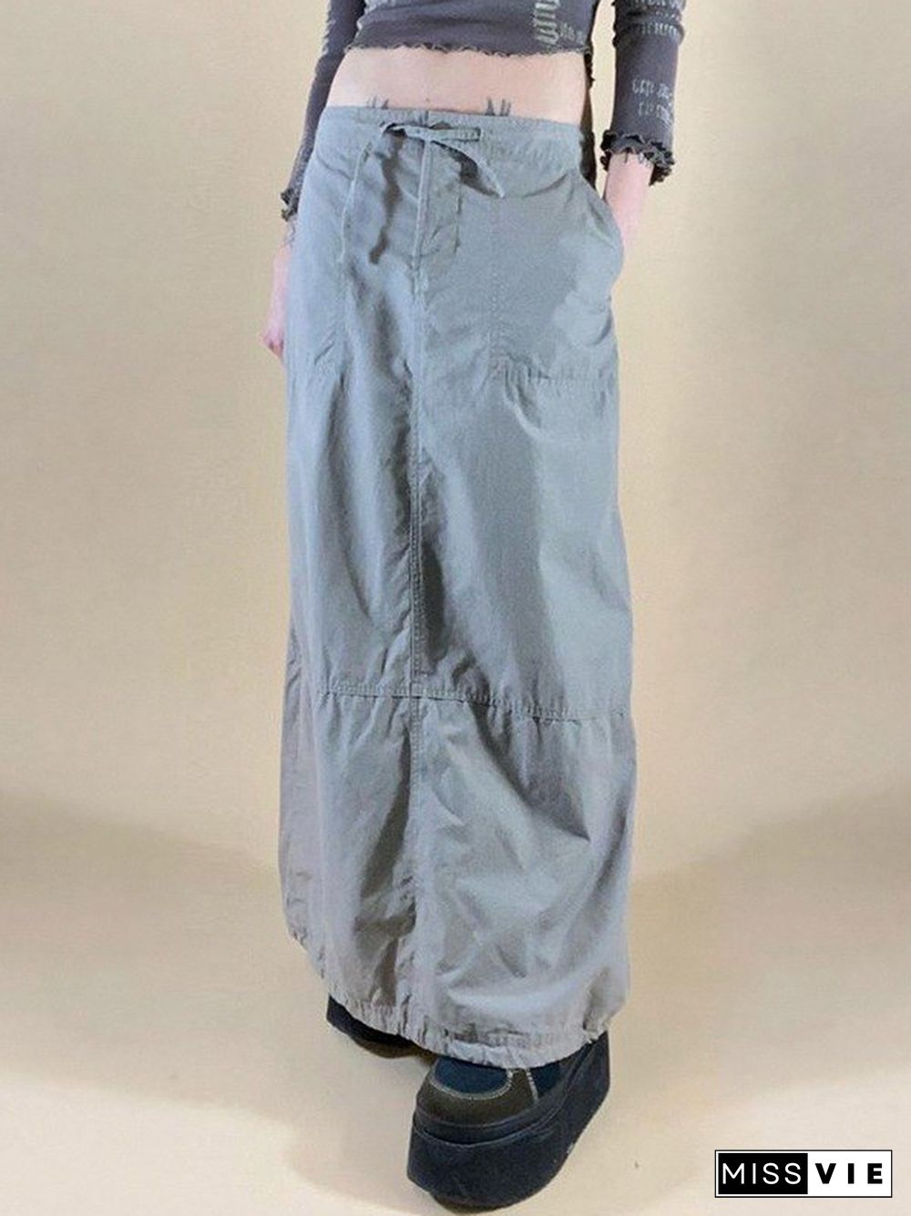 Size Friendly Drawstring Parachute Long Cargo Skirt