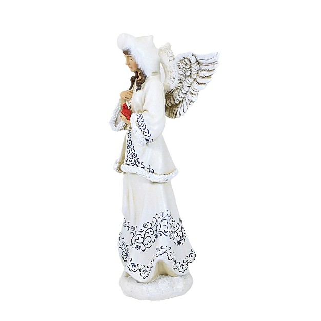 Christmas Angel Holding Cardinal One Figurine 10 25 Inches Wings White Robe Polyresin Off white