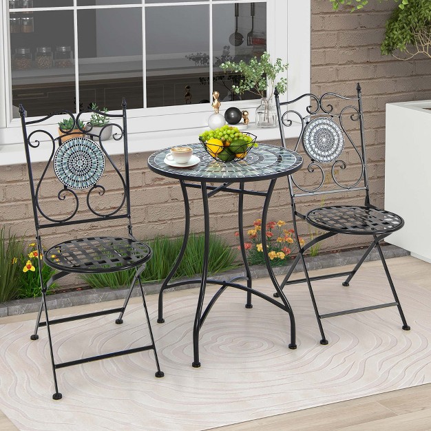 Costway 3pcs Patio Bistro Set Mosaic Pattern Heavy duty Metal Dining Folding Outdoor