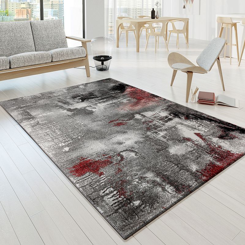 Artful Designer Rug in Mottled Grey Red Cream